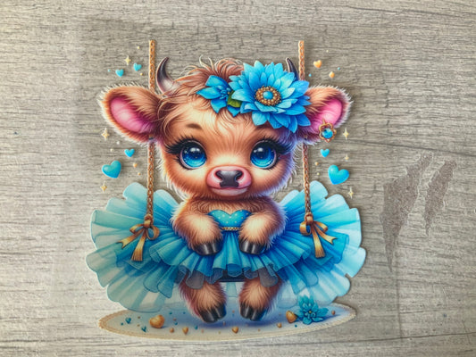 Cow blue in a swing